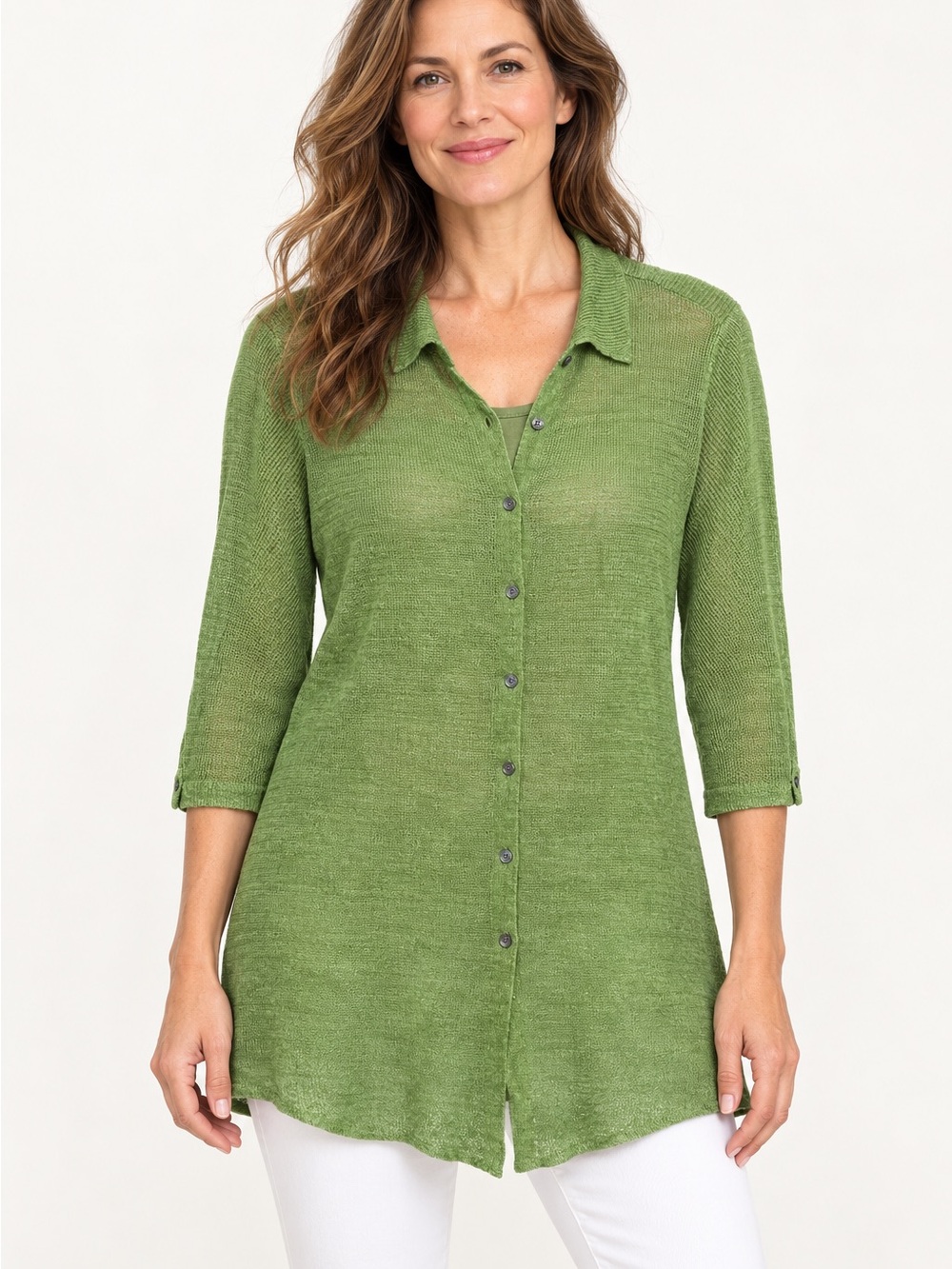 Eileen Fisher Green 100% Linen Button Front Tunic Cardigan Medium